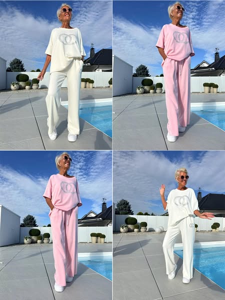Women's casual two-piece set: solid color sweater paired with loose-fitting trousers