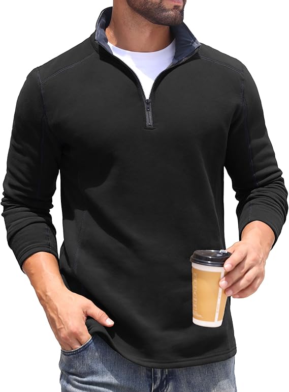 Mens Quarter Zip Sweatshirt Fleece Long Sleeve Pullover Casual Mock Neck Polo Sweater