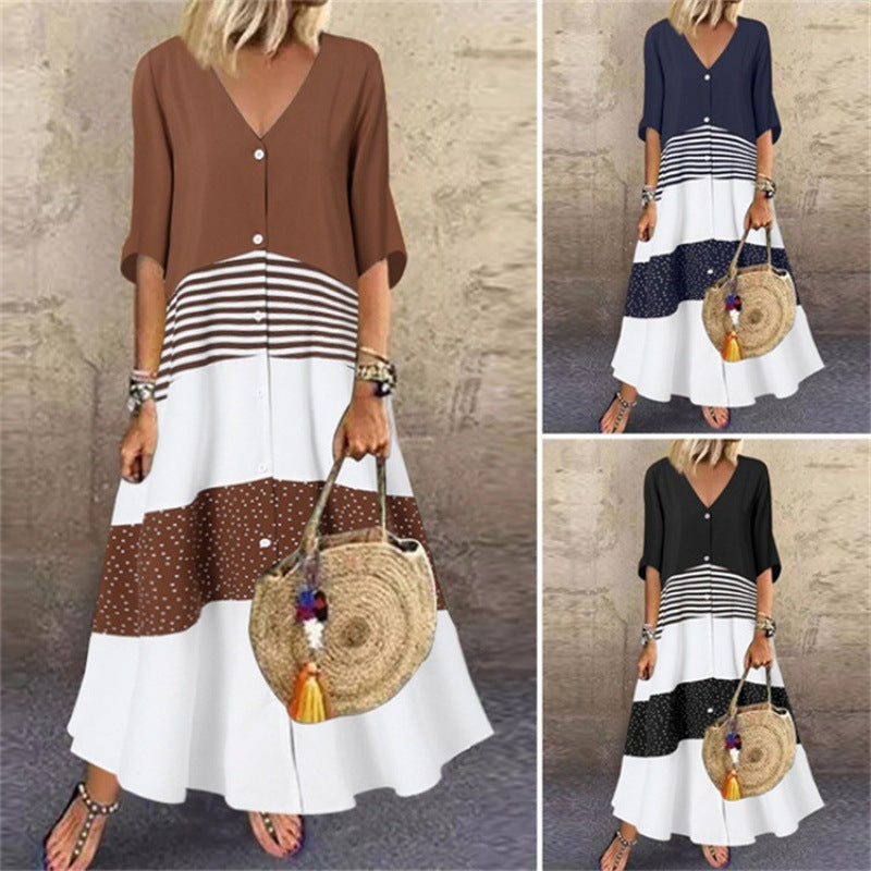 New summer V-neck short-sleeved printed long dress